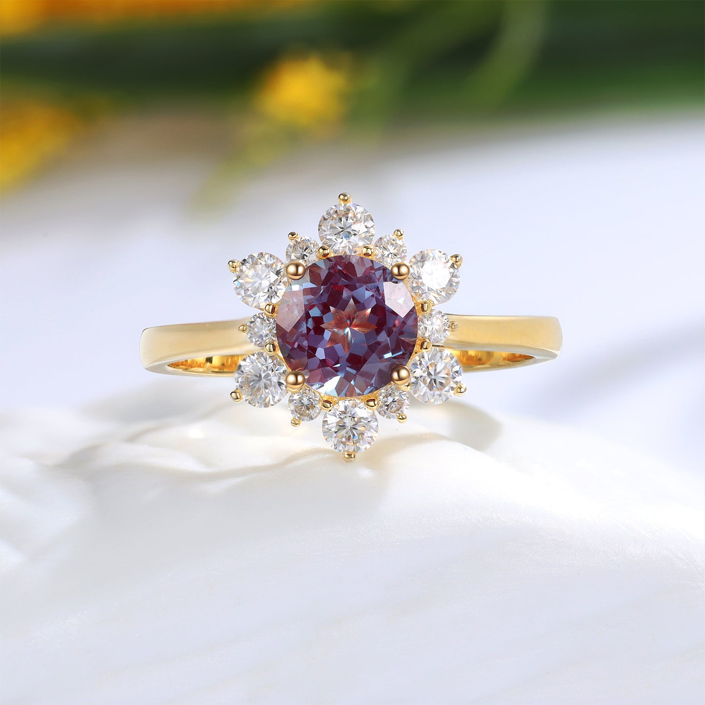 Alexandrite Flower With Moissanite 925 Sterling Silver Ring
