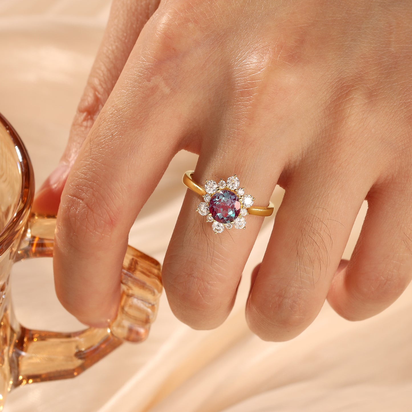 Alexandrite Flower With Moissanite 925 Sterling Silver Ring