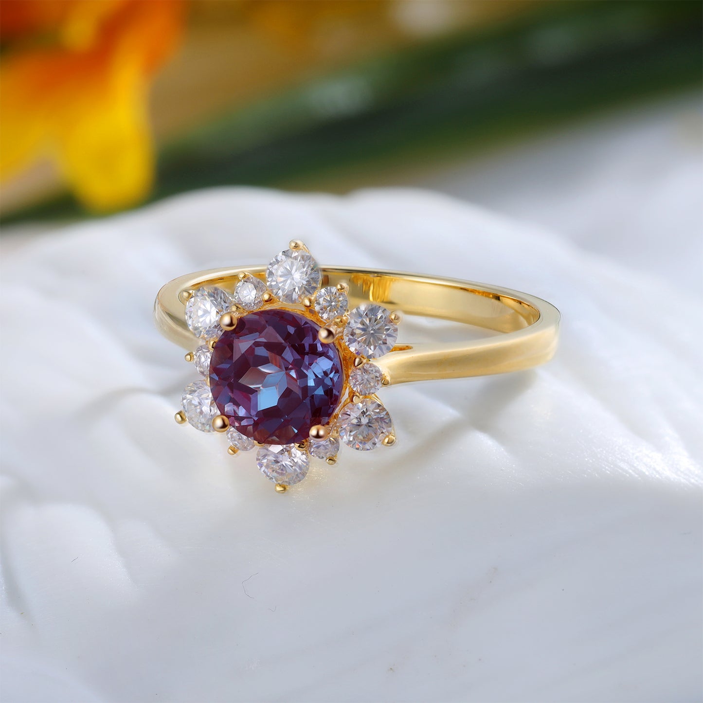 Alexandrite Flower With Moissanite 925 Sterling Silver Ring