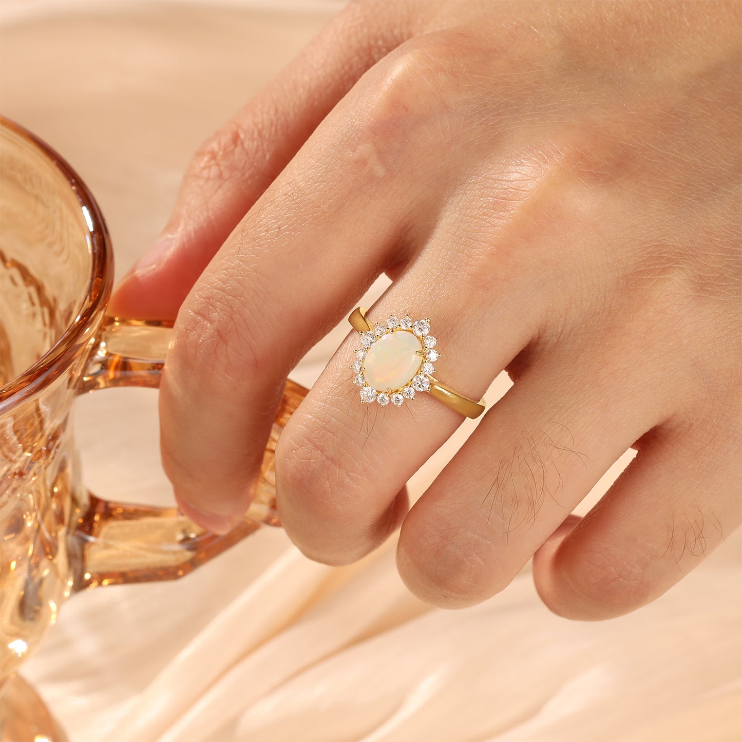18K Gold Natural Opal With Moissanite Ring