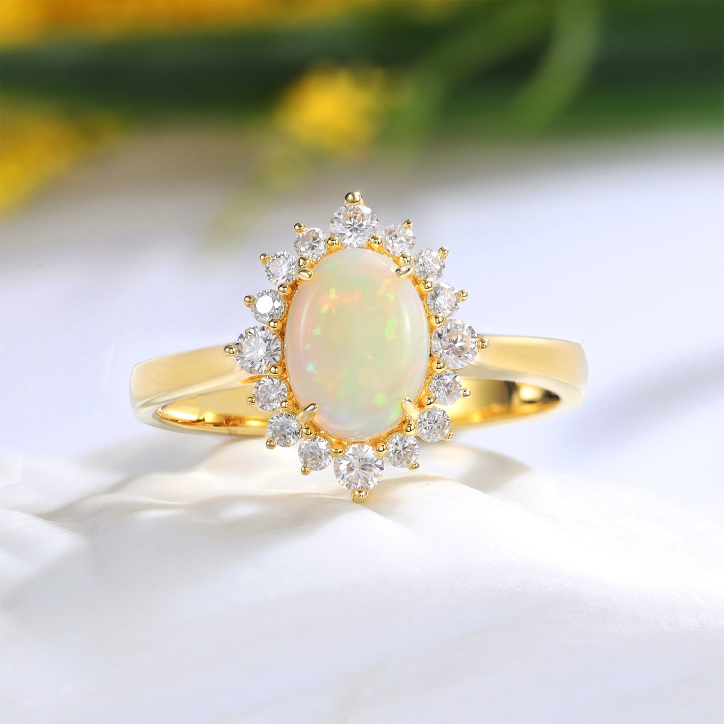 18K Gold Natural Opal With Moissanite Ring