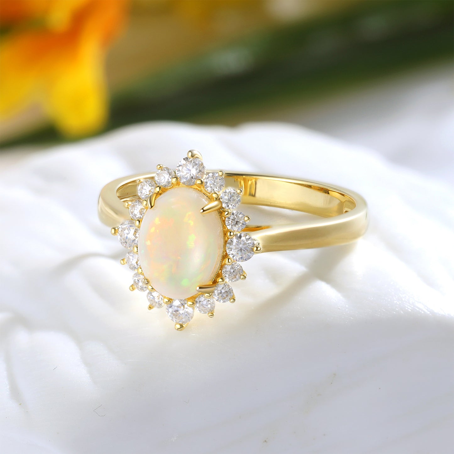 18K Gold Natural Opal With Moissanite Ring