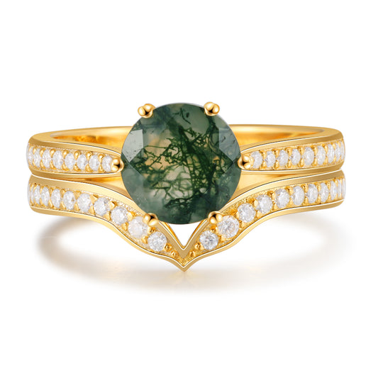 18K Gold Natural Moss Agate With Moissanite Rings Set