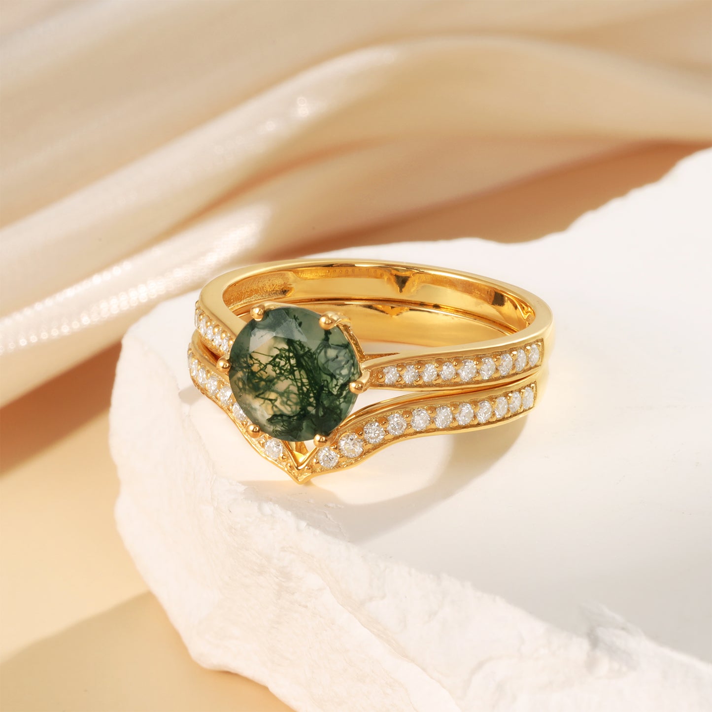 18K Gold Natural Moss Agate With Moissanite Rings Set