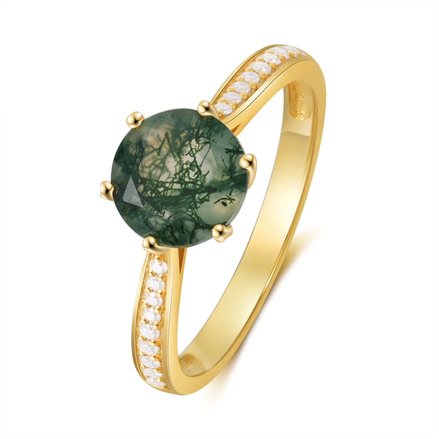 18K Gold Natural Moss Agate With Moissanite Rings Set