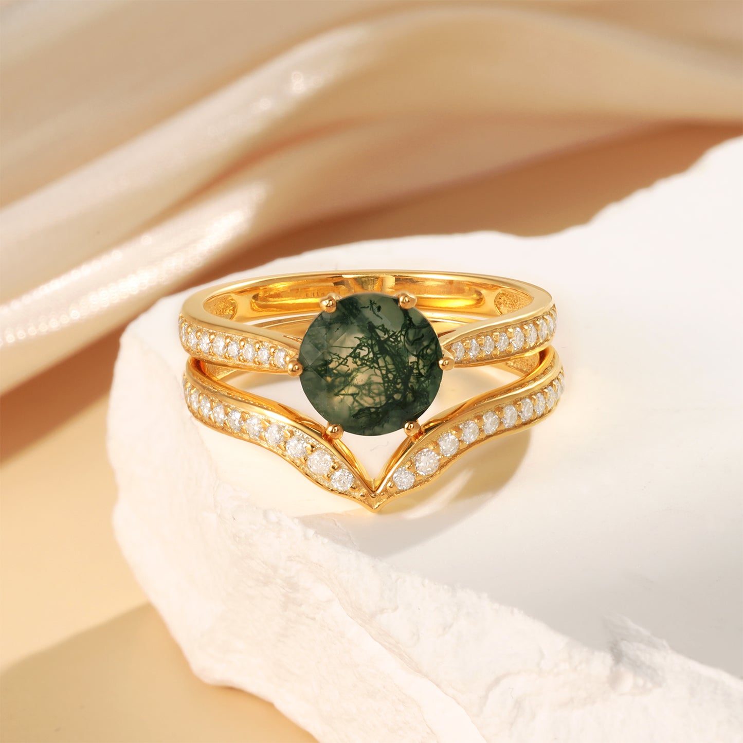 18K Gold Natural Moss Agate With Moissanite Rings Set
