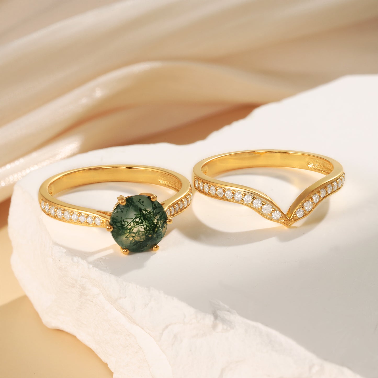 18K Gold Natural Moss Agate With Moissanite Rings Set