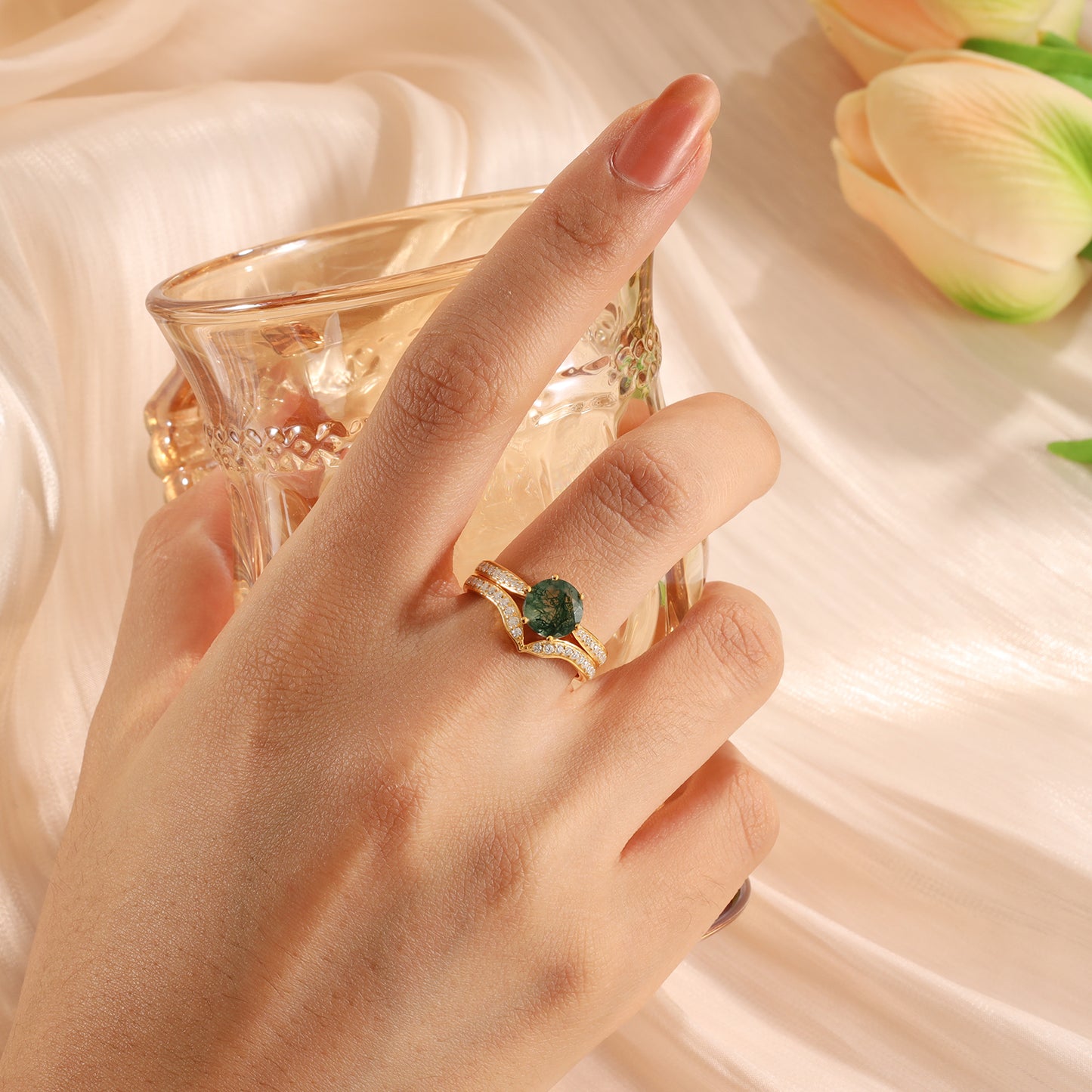 18K Gold Natural Moss Agate With Moissanite Rings Set