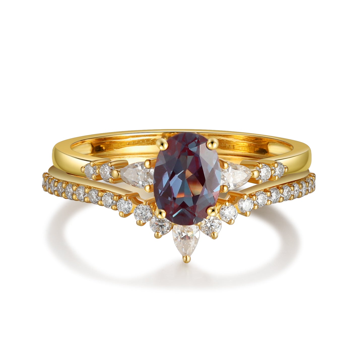 18K Gold Alexandrite With Moissanite Two Rings Set (14K Available)