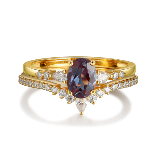 18K Gold Alexandrite With Moissanite Two Rings Set (14K Available)