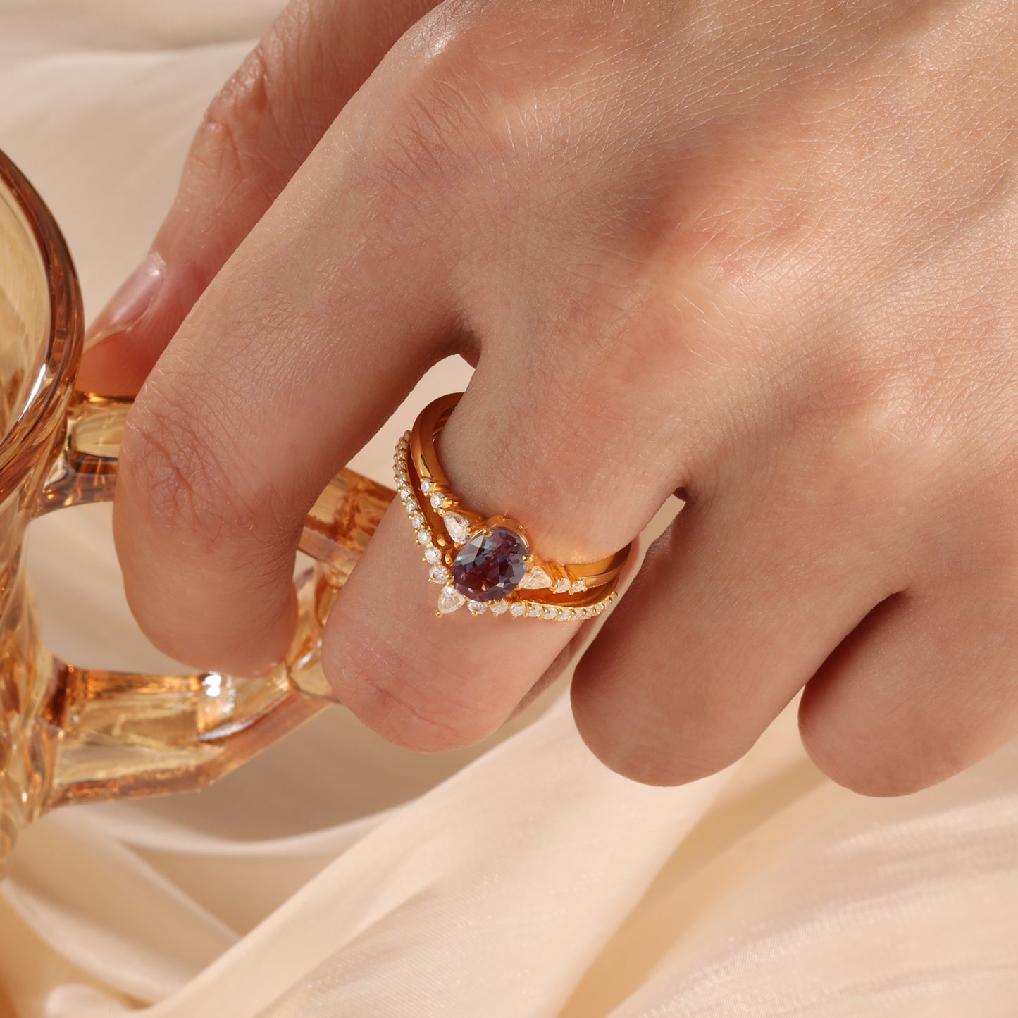 18K Gold Alexandrite With Moissanite Two Rings Set (14K Available)