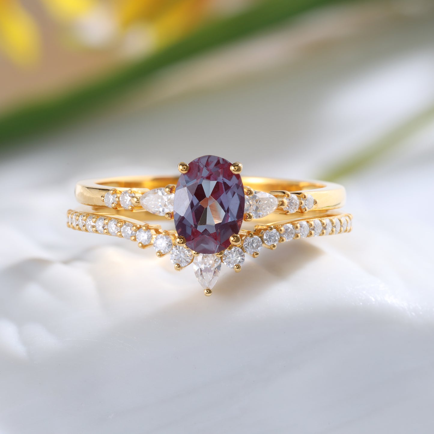 18K Gold Alexandrite With Moissanite Two Rings Set (14K Available)