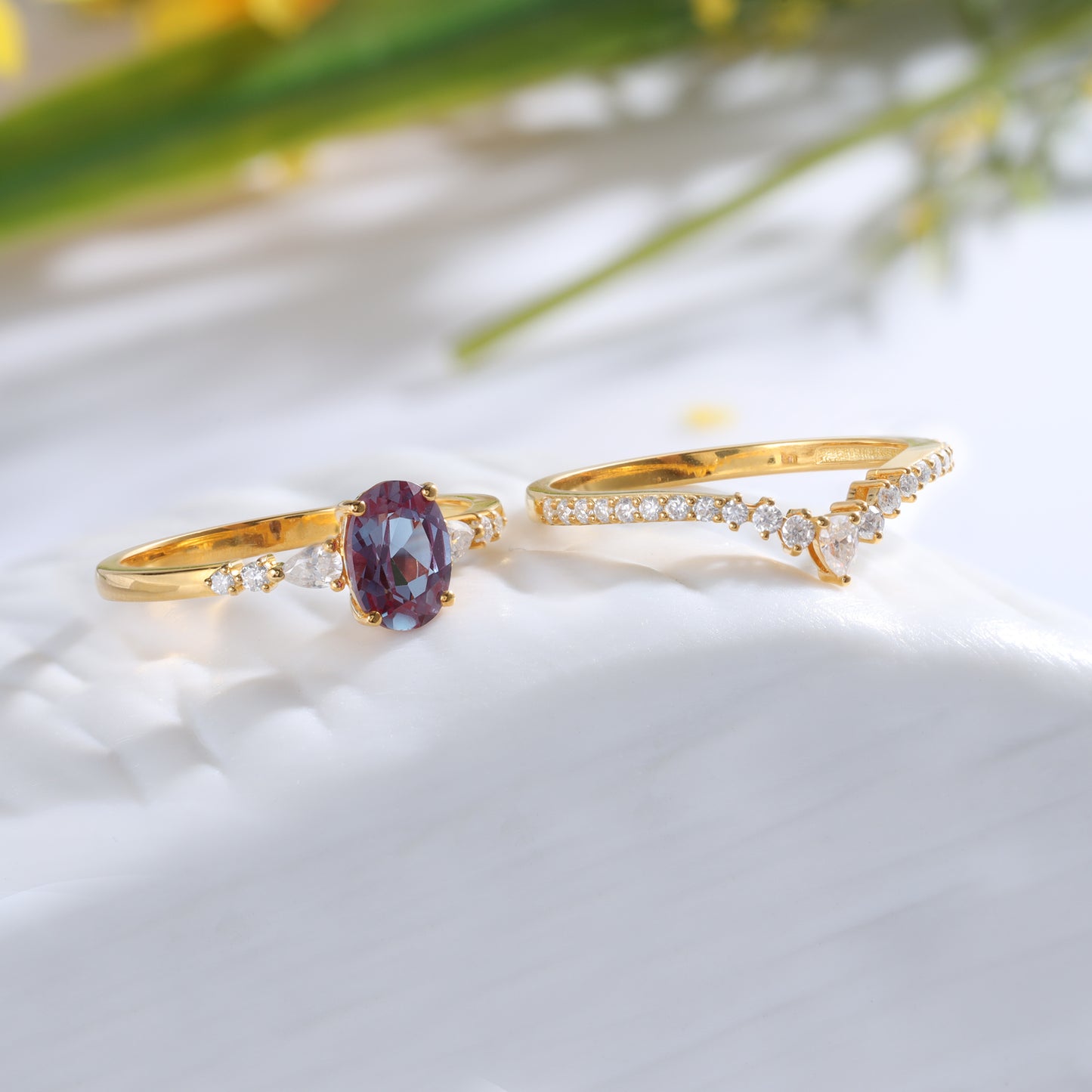 18K Gold Alexandrite With Moissanite Two Rings Set (14K Available)