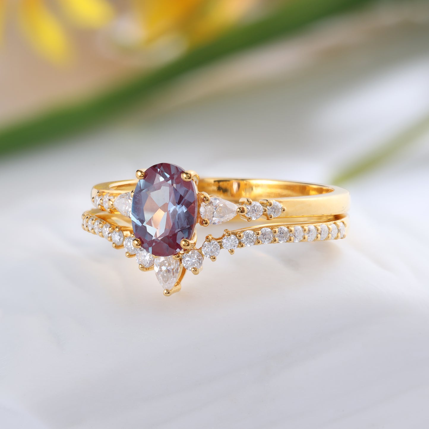 18K Gold Alexandrite With Moissanite Two Rings Set (14K Available)