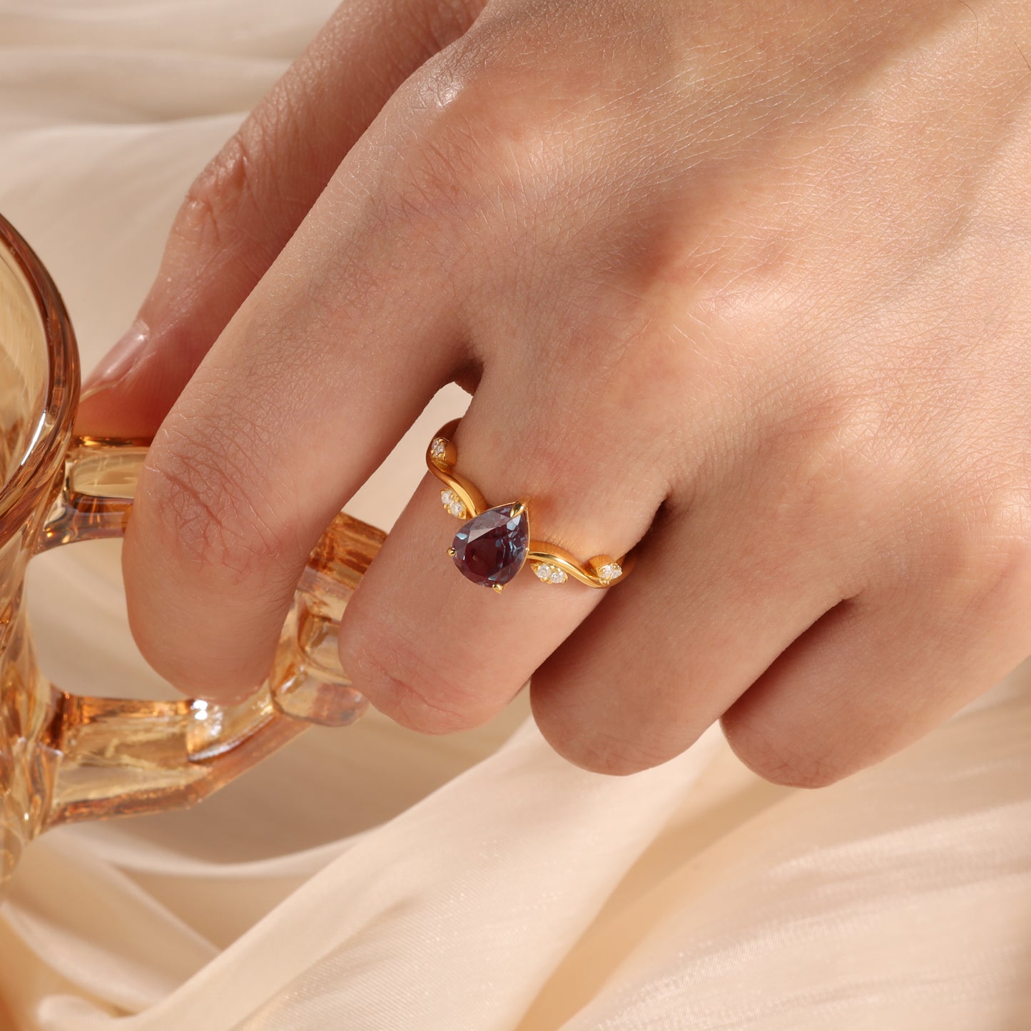 18K Gold Alexandrite With Moissanite Ring (14K Available)
