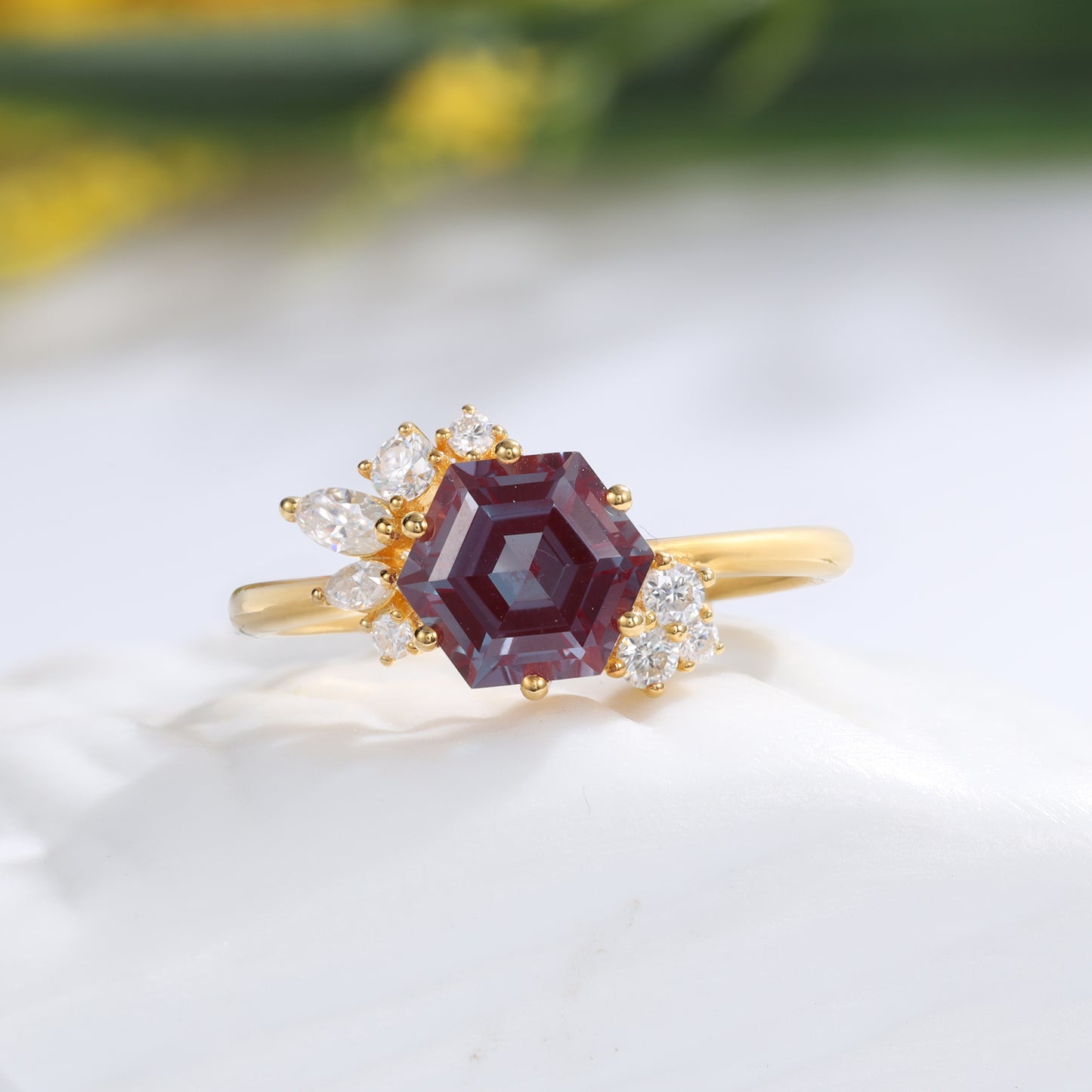 18K Gold Alexandrite With Moissanite Ring (14K Available)
