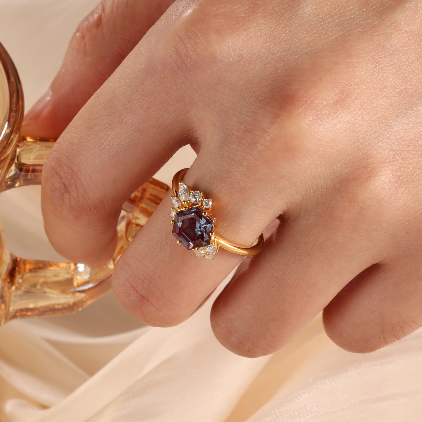 18K Gold Alexandrite With Moissanite Ring (14K Available)