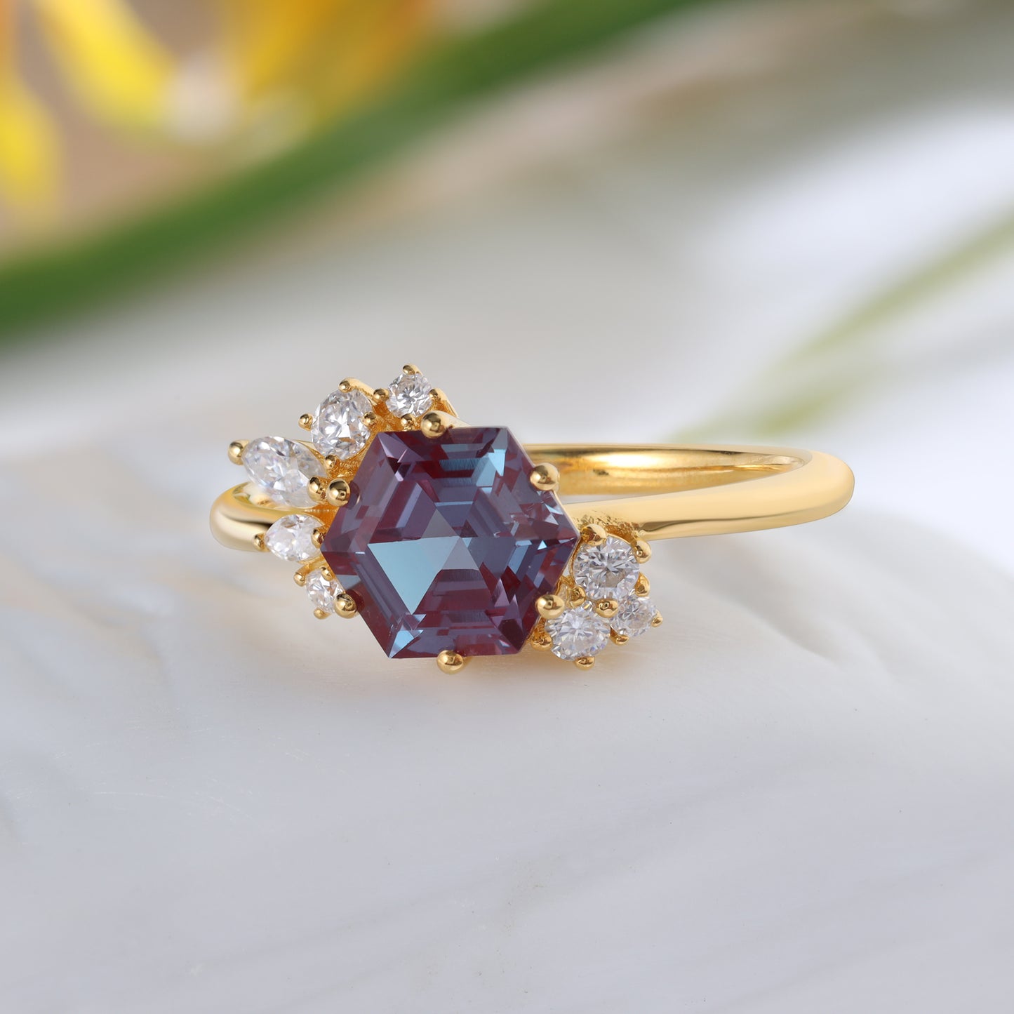 18K Gold Alexandrite With Moissanite Ring (14K Available)