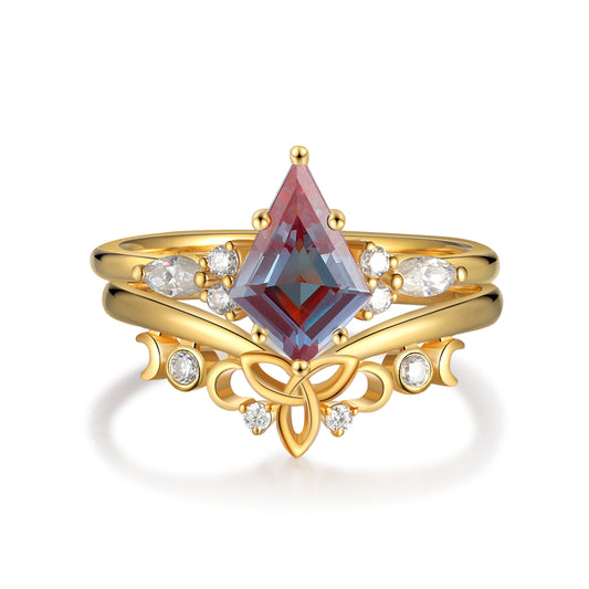 18K Gold Alexandrite With Moissanite Rings Set (Available in Moss Agate)
