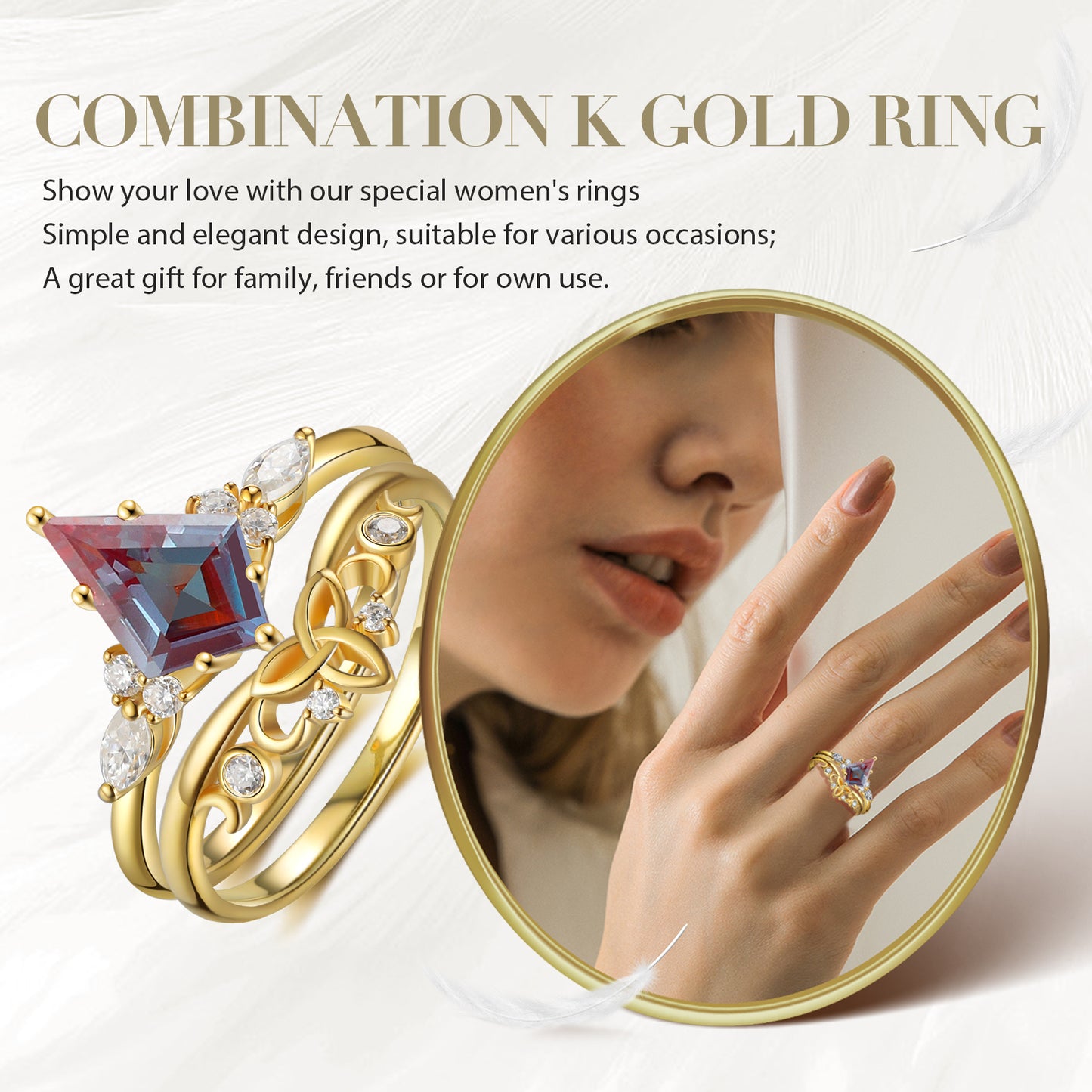 18K Gold Alexandrite With Moissanite Rings Set (Available in Moss Agate)