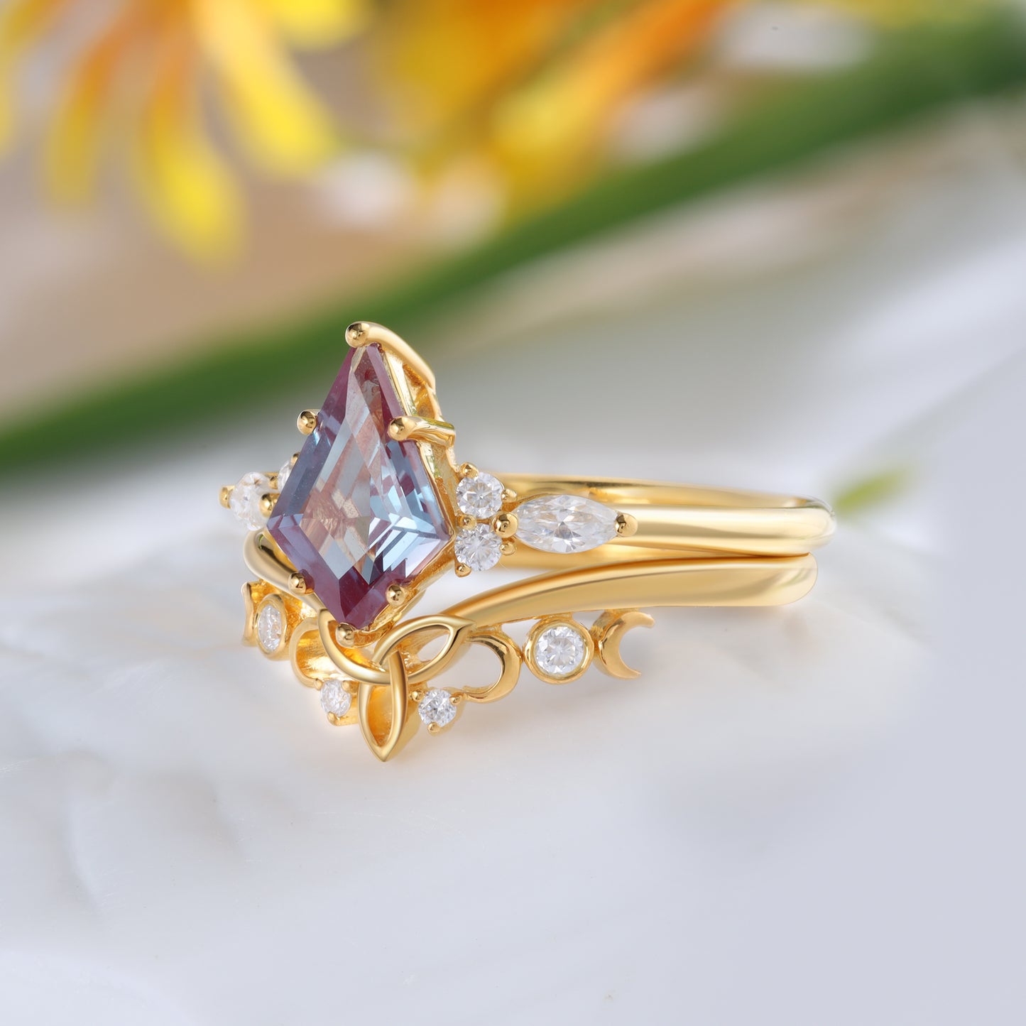 18K Gold Alexandrite With Moissanite Rings Set (Available in Moss Agate)