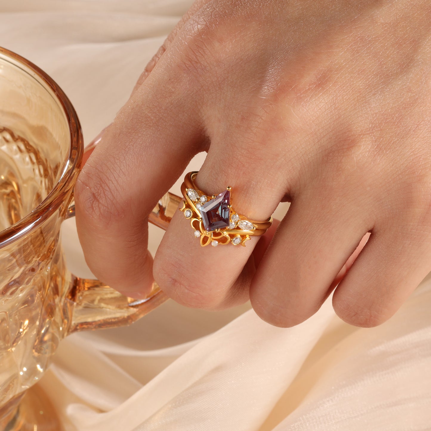 18K Gold Alexandrite With Moissanite Rings Set (Available in Moss Agate)