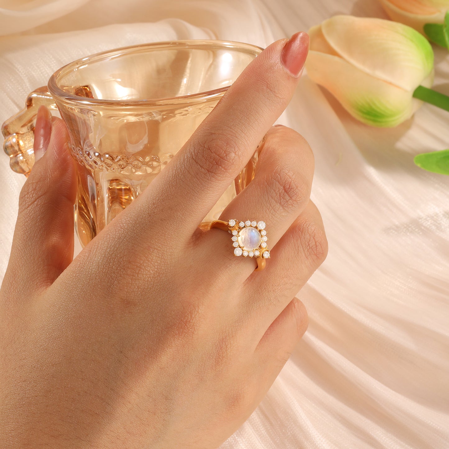 18K Gold Natural Moonstone With Moissanite Ring