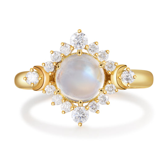 18K Gold Natural Moonstone With Moissanite Ring