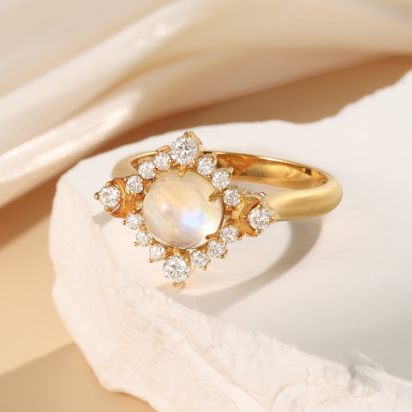 18K Gold Natural Moonstone With Moissanite Ring