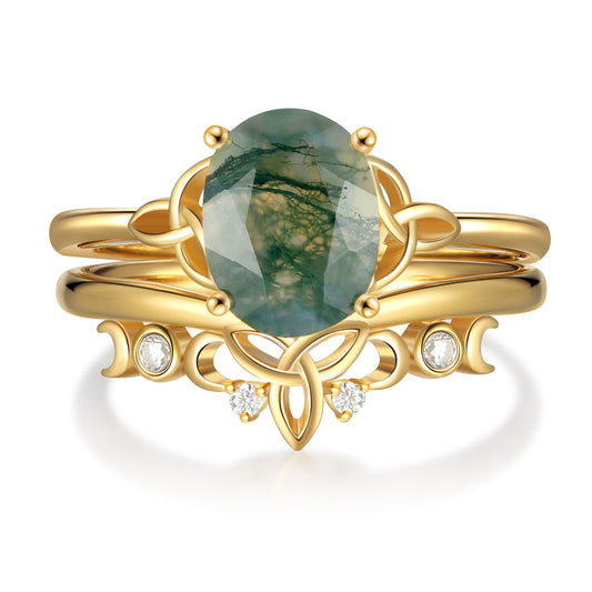 18K Gold Natural Moss Agate With Moissanite Rings Set
