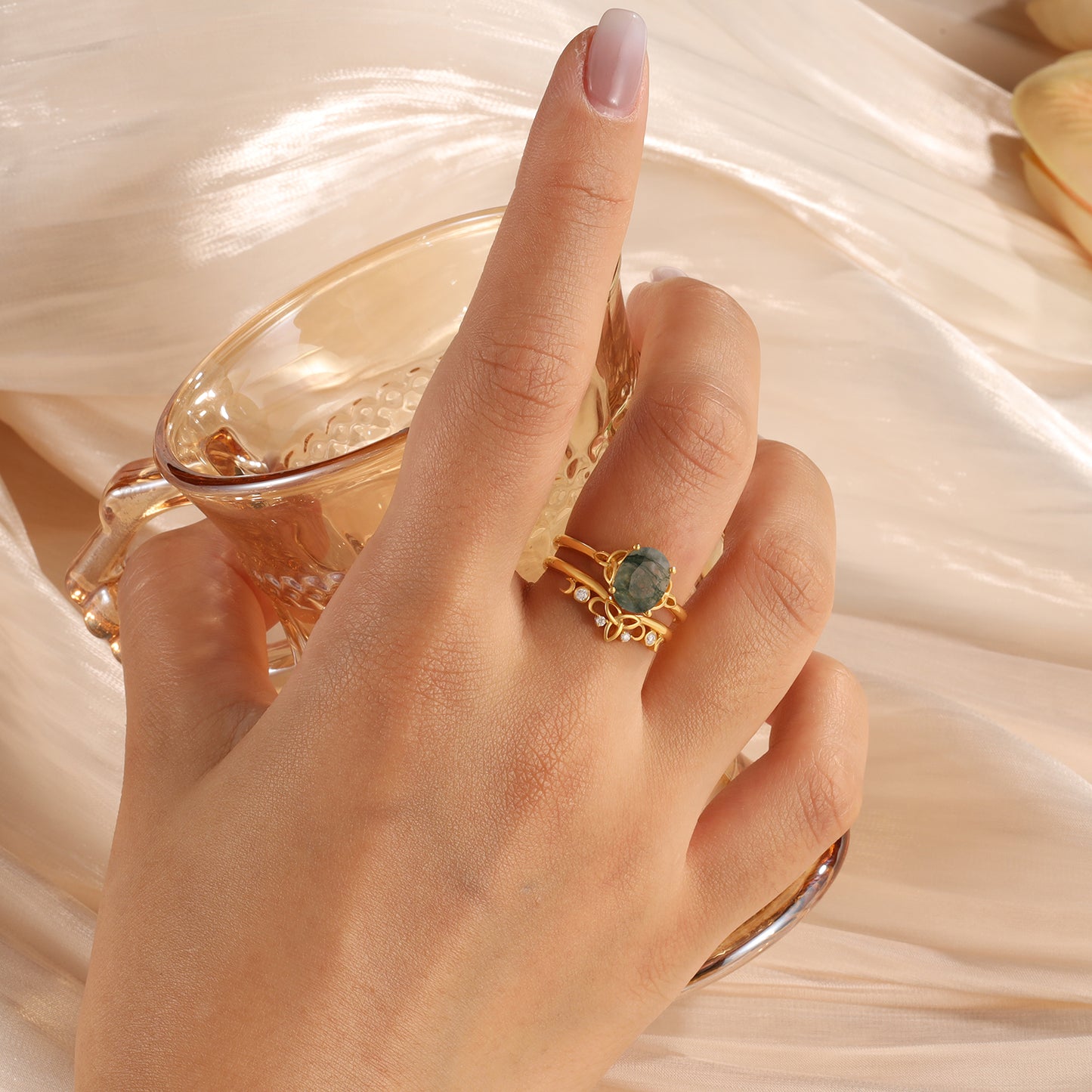 18K Gold Natural Moss Agate With Moissanite Rings Set