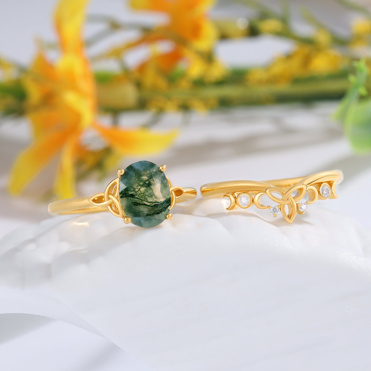 18K Gold Natural Moss Agate With Moissanite Rings Set