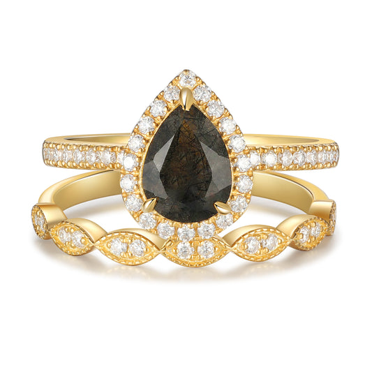 18K Gold Natural Black Rutilated Quartz With Moissanite Ring