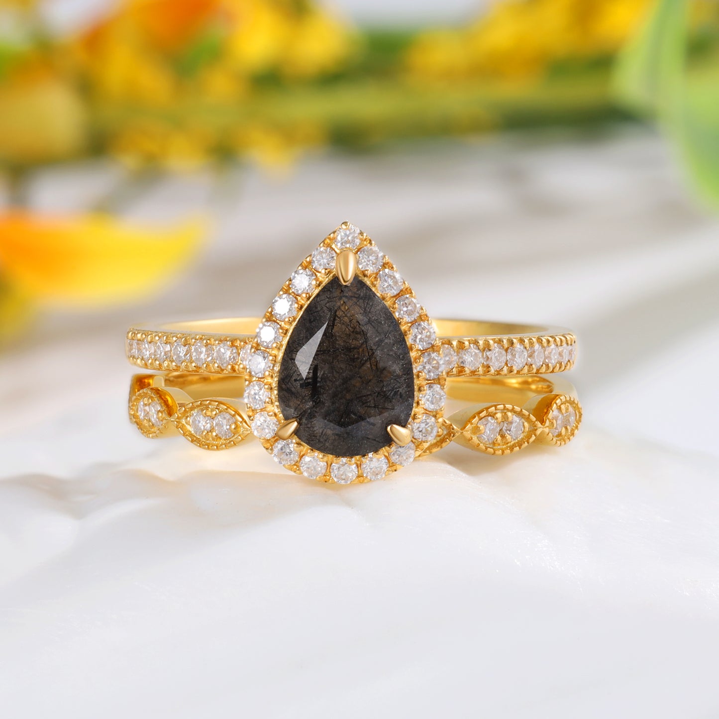 18K Gold Natural Black Rutilated Quartz With Moissanite Ring