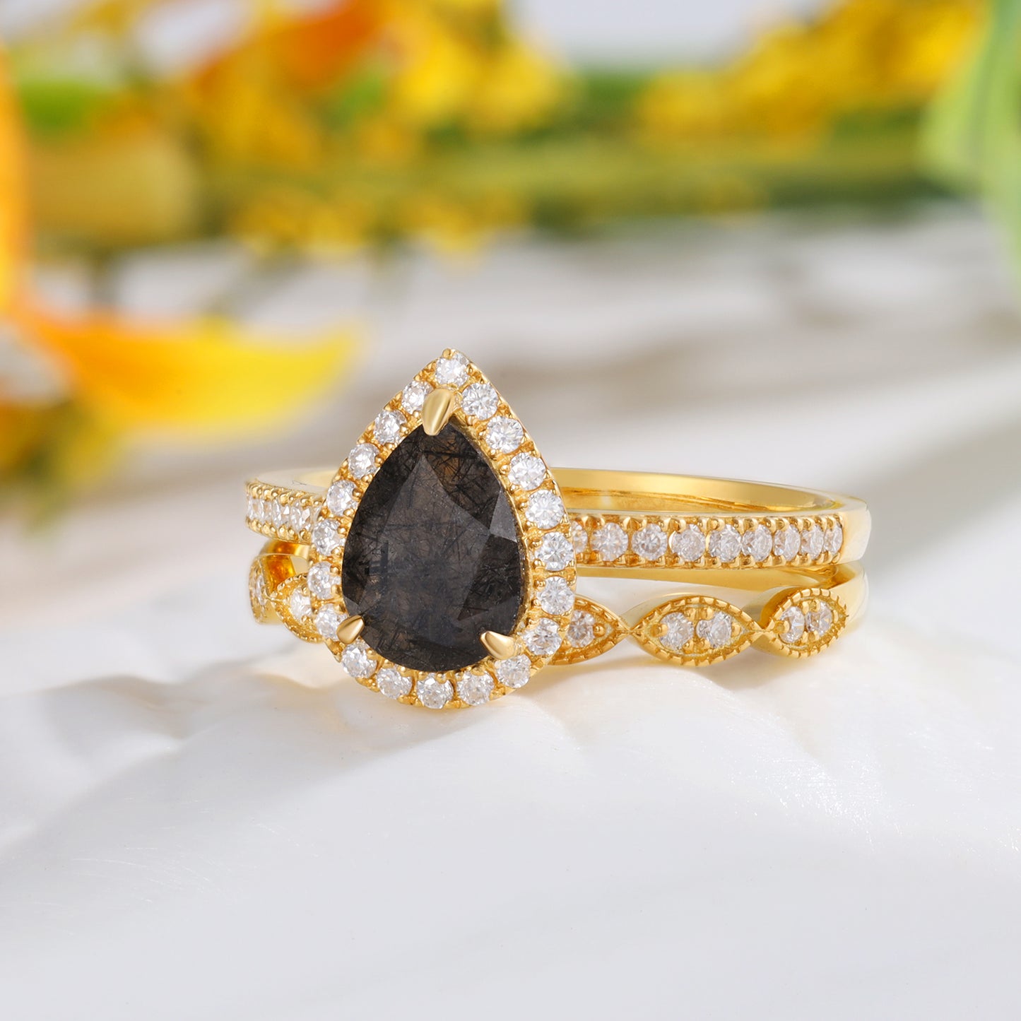 18K Gold Natural Black Rutilated Quartz With Moissanite Ring