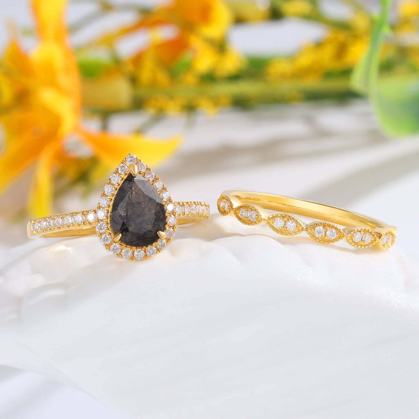 18K Gold Natural Black Rutilated Quartz With Moissanite Ring