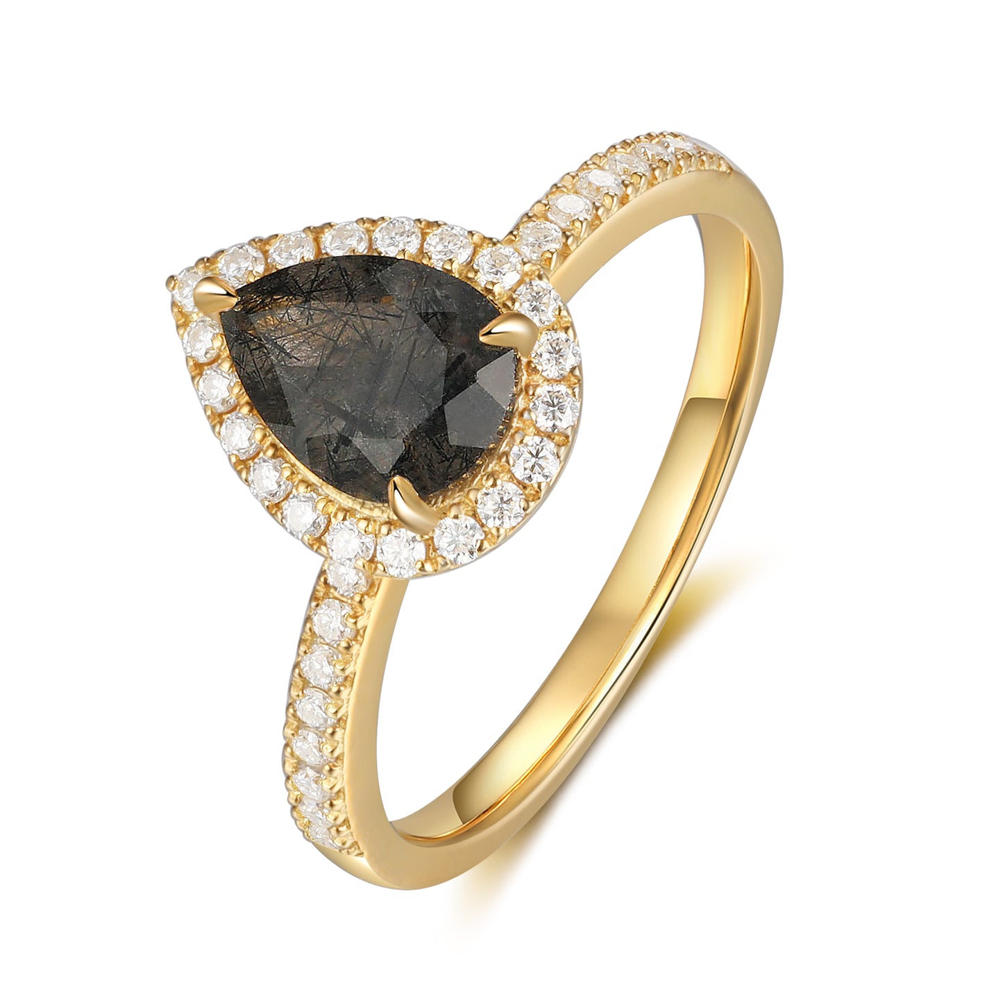 18K Gold Natural Black Rutilated Quartz With Moissanite Ring
