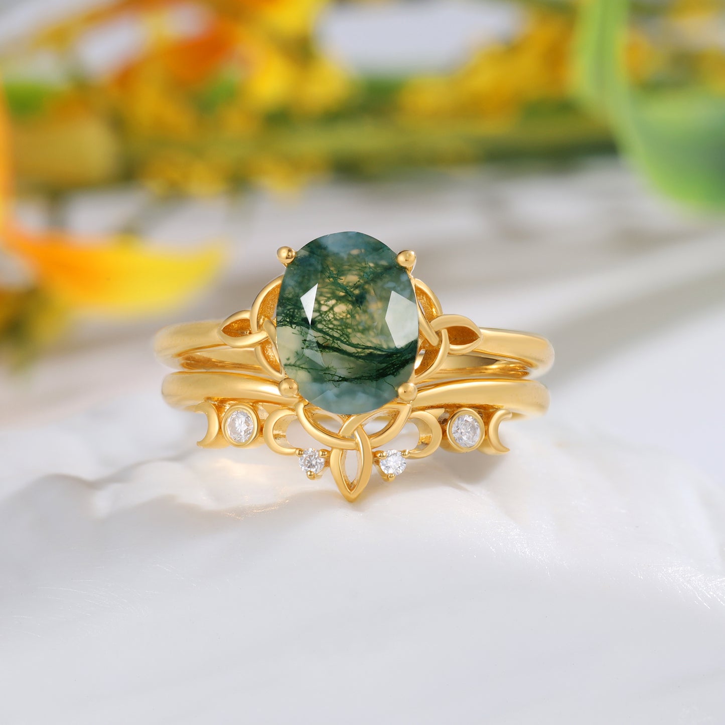 18K Gold Natural Moss Agate With Moissanite Rings Set