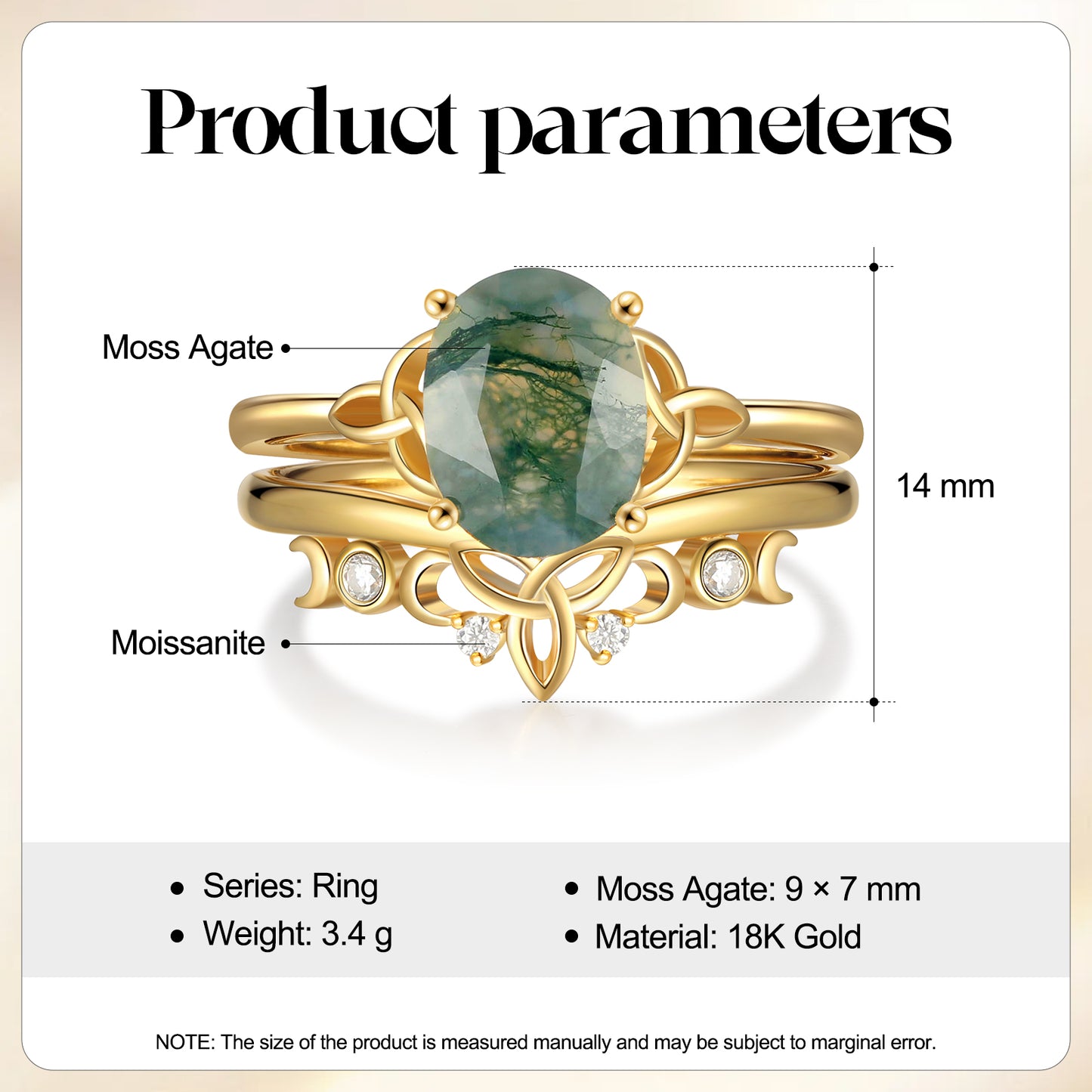 18K Gold Natural Moss Agate With Moissanite Rings Set