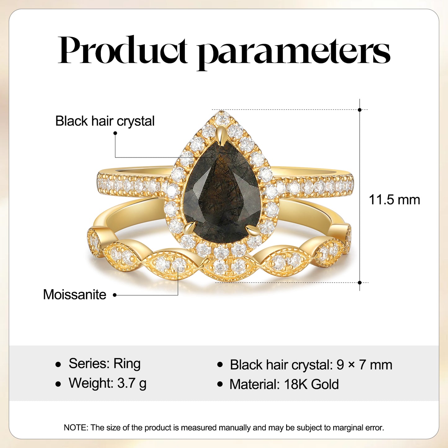 18K Gold Natural Black Rutilated Quartz With Moissanite Ring