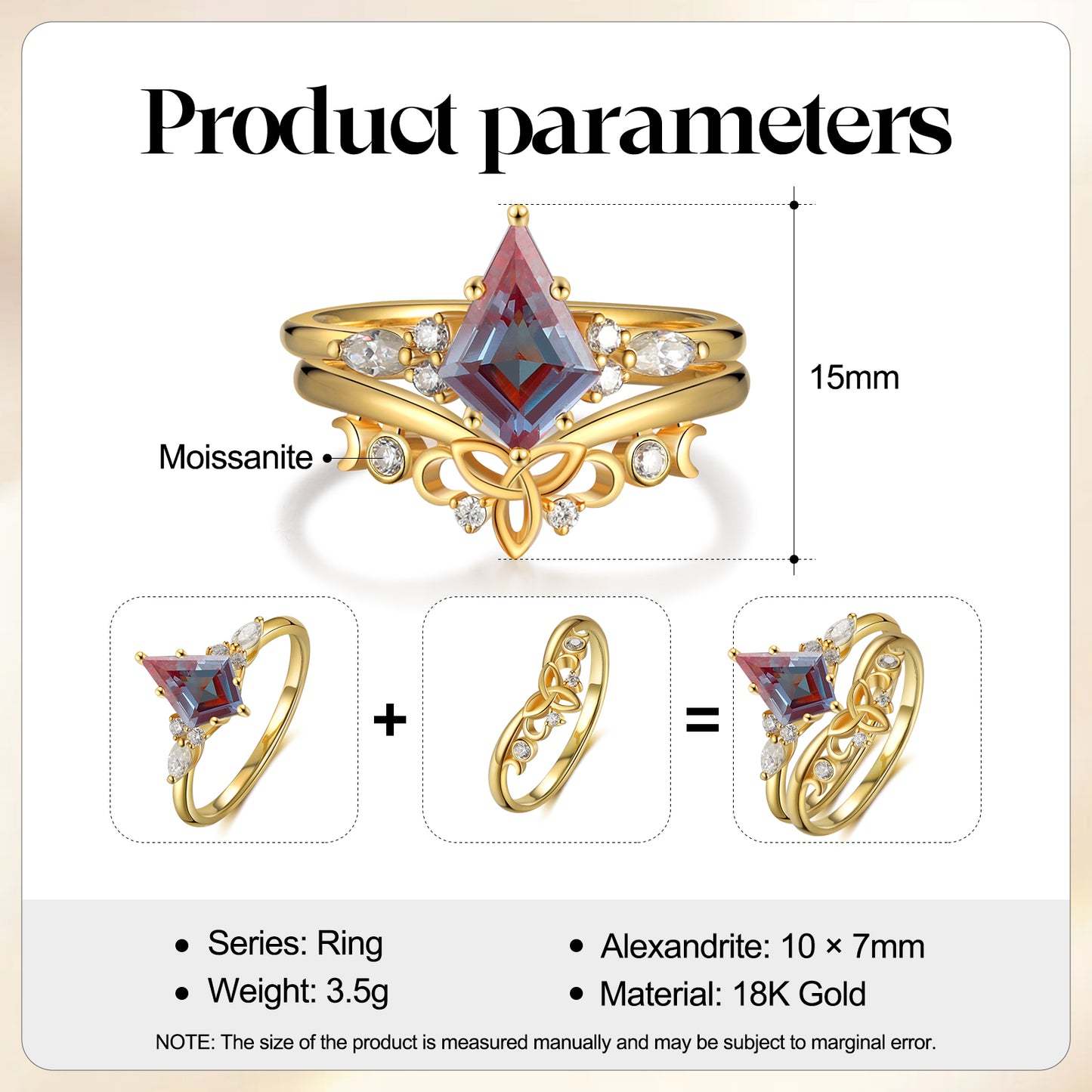 18K Gold Alexandrite With Moissanite Rings Set (Available in Moss Agate)
