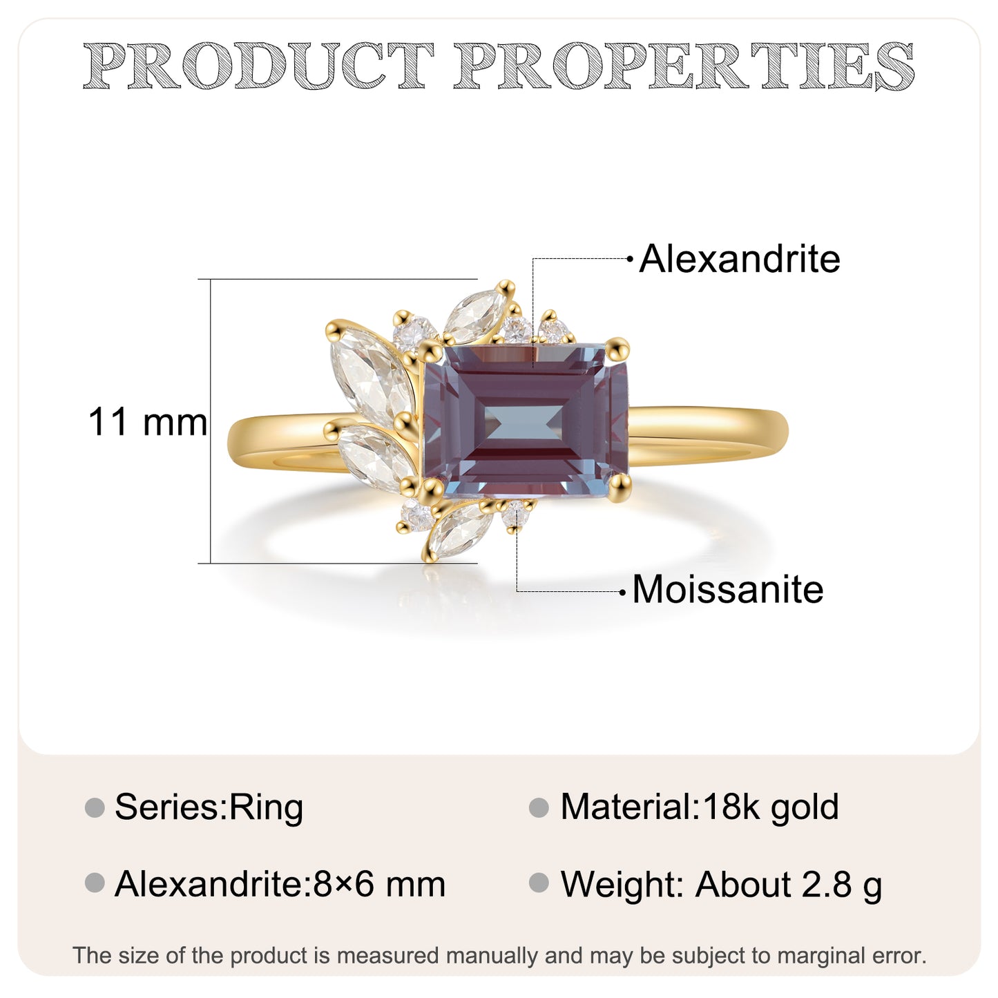 18K Gold Alexandrite With Moissanite Ring (14K Available)