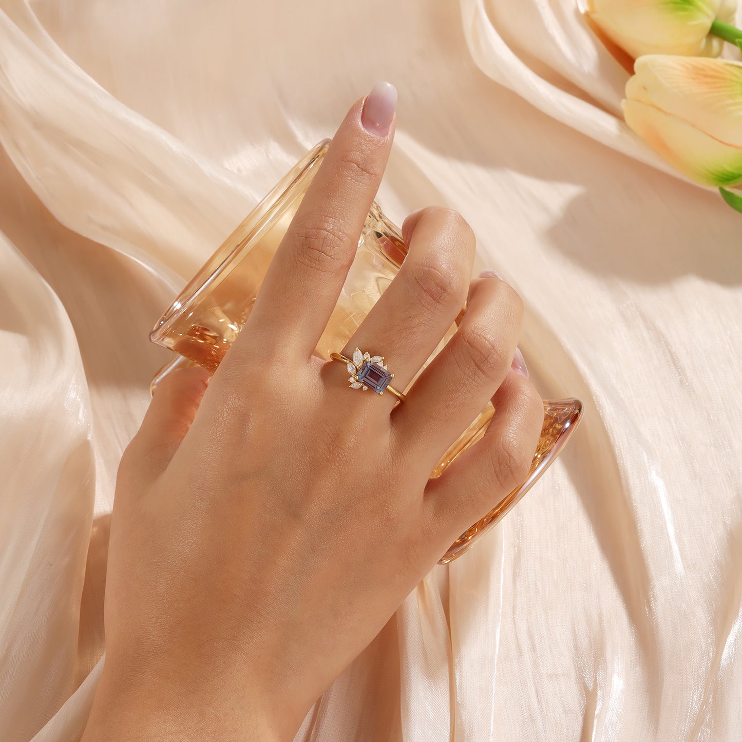 18K Gold Alexandrite With Moissanite Ring (14K Available)