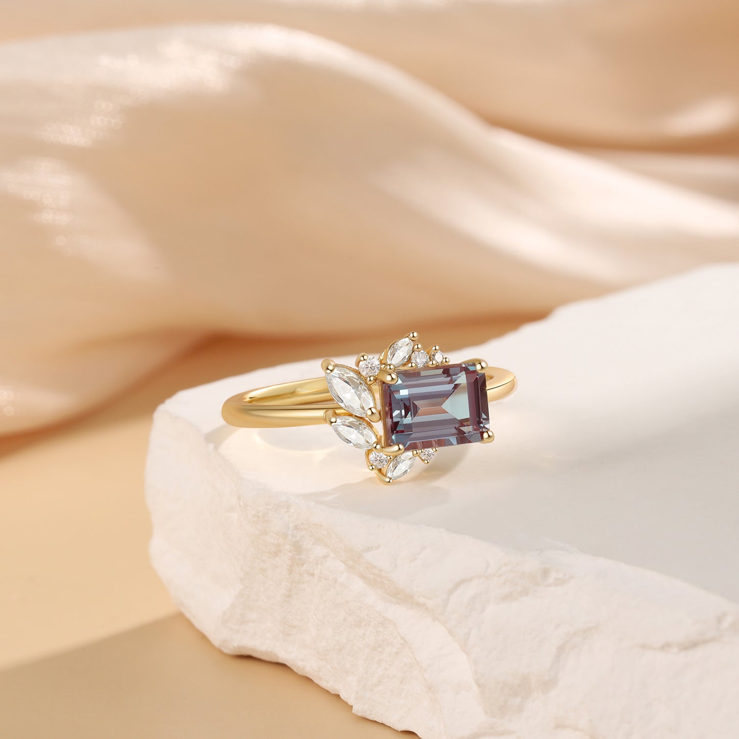 18K Gold Alexandrite With Moissanite Ring (14K Available)