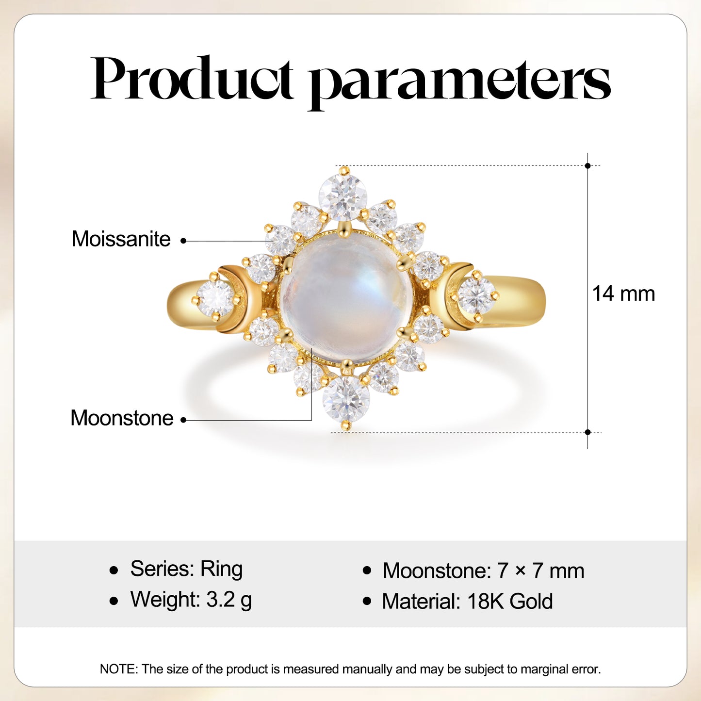 18K Gold Natural Moonstone With Moissanite Ring
