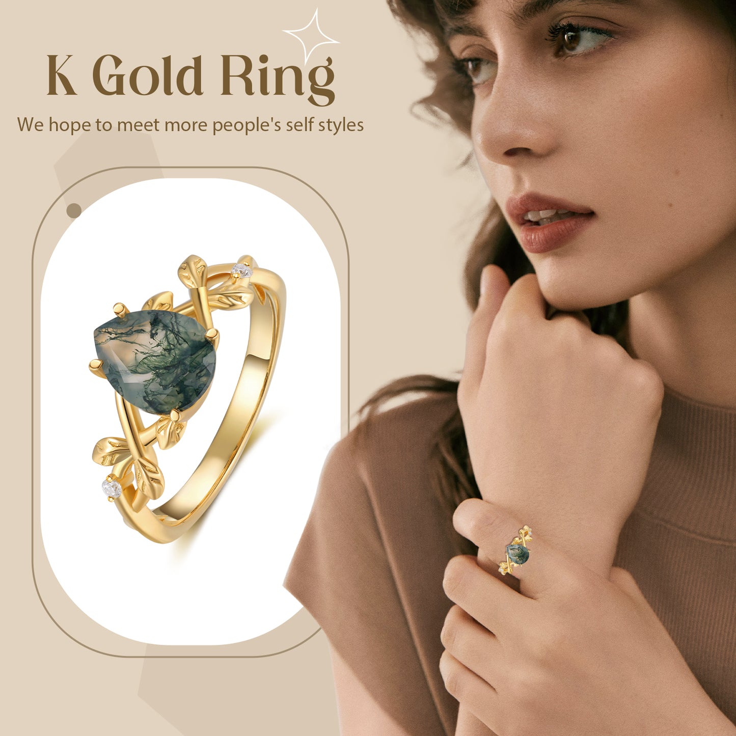 18K Gold Natural Moss Agate With Moissanite Ring