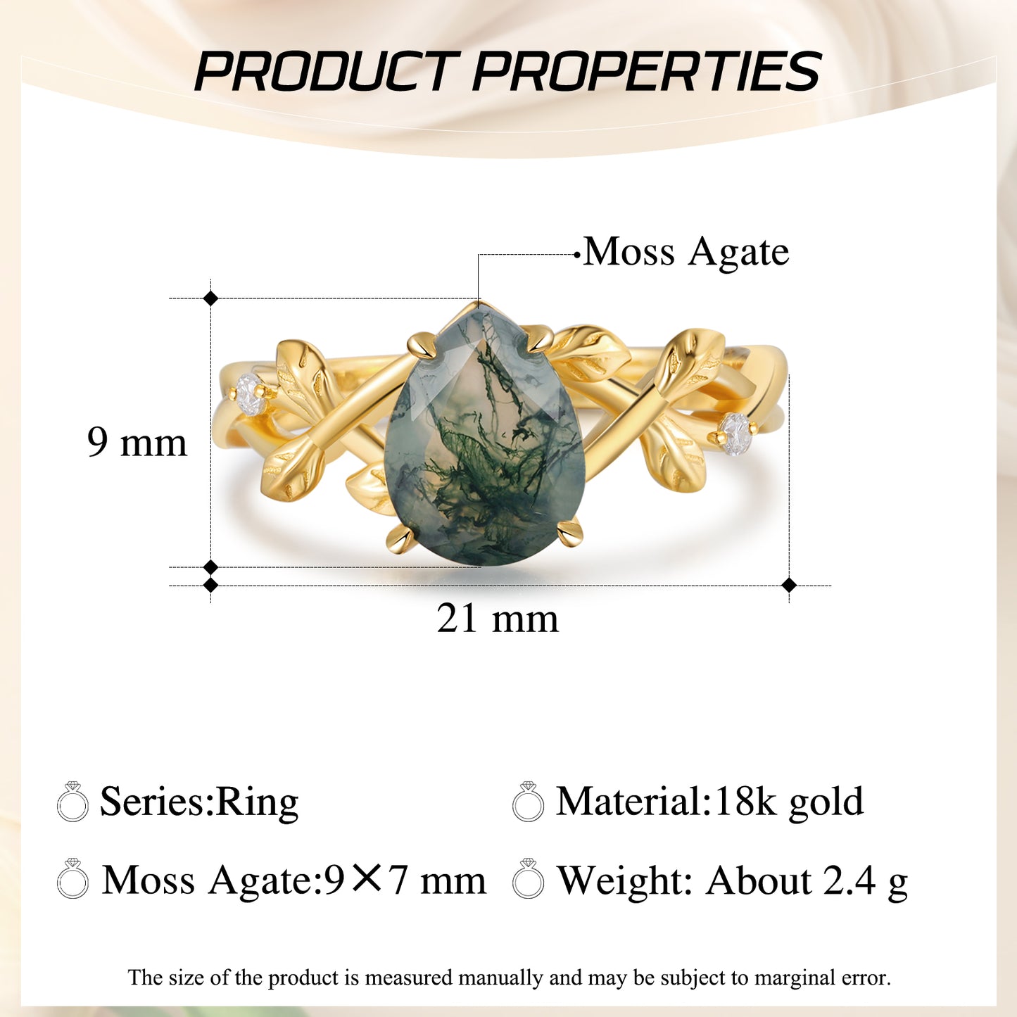 18K Gold Natural Moss Agate With Moissanite Ring