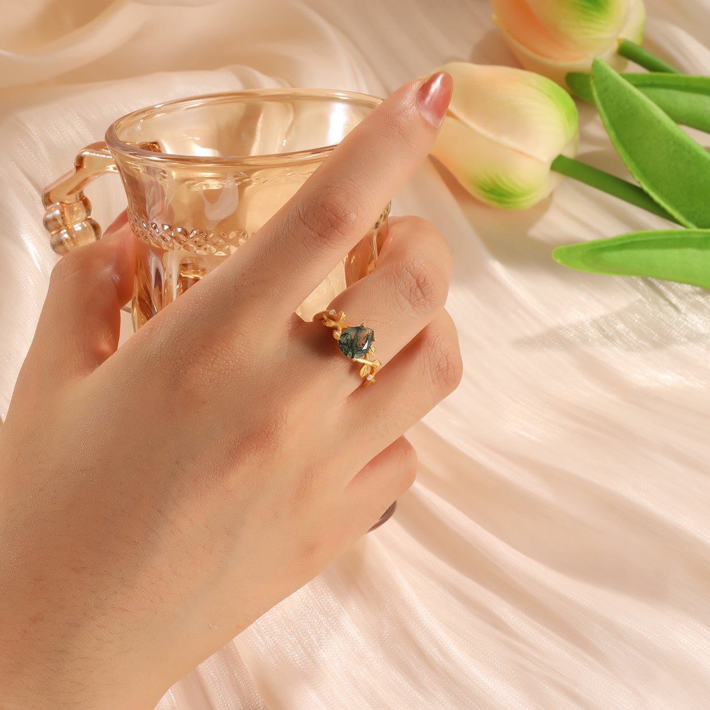 18K Gold Natural Moss Agate With Moissanite Ring