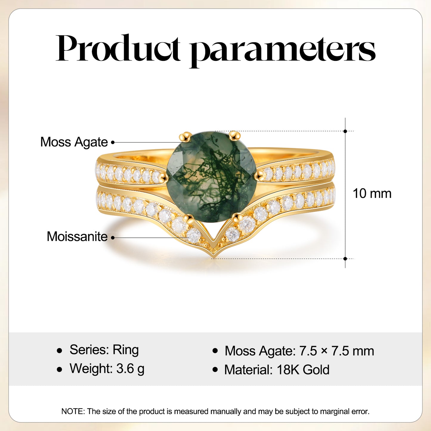 18K Gold Natural Moss Agate With Moissanite Rings Set