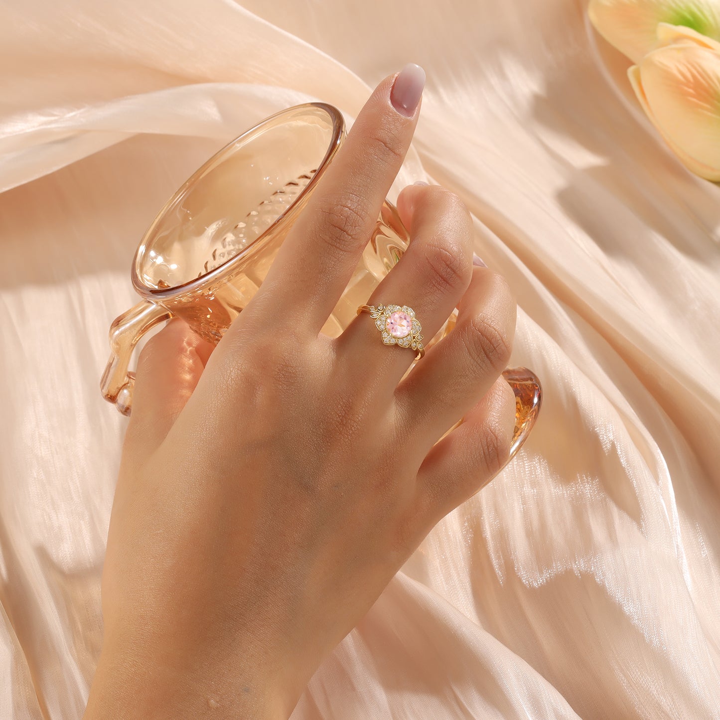 18K Gold Natural Morganite With Moissanite Ring